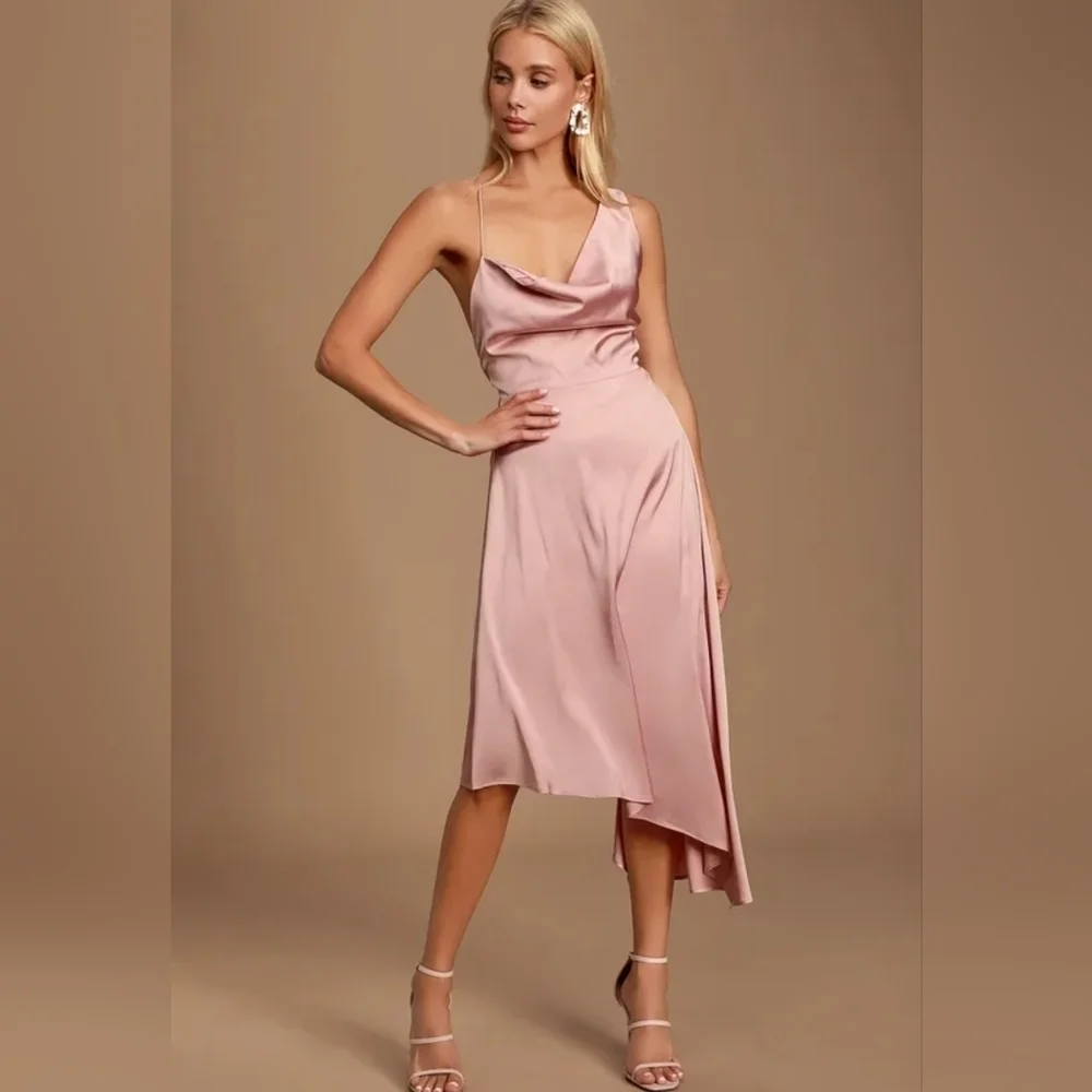Lulu's Sereno Mauve Pink Satin Cowl Neck Asymmetrical Midi Dress, Size Medium - Picture 2 of 12
